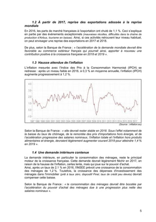 5
1.2 À partir de 2017, reprise des exportations adossée à la reprise
mondiale
En 2016, les parts de marché françaises à l’exportation ont chuté de 1,1 %. Ceci s’explique
en partie par des événements exceptionnels (mauvaises récoltes, difficultés dans la chaîne de
production d’Airbus, tourisme en baisse). Ainsi, si ces activités retrouvent leur niveau habituel,
on peut envisager une reprise des exportations en 2017 et 2018.
De plus, selon la Banque de France : « l’accélération de la demande mondiale devrait être
favorable au commerce extérieur français qui pourrait ainsi, apporter à nouveau une
contribution positive à la croissance française en 2018 et 2019 ».
1.3 Hausse attendue de l’inflation
L’inflation mesurée avec l’Indice des Prix à la Consommation Harmonisé (IPCH) se
redresse : après un niveau faible en 2016, à 0,3 % en moyenne annuelle, l’inflation (IPCH)
augmente progressivement à 1,2 %.
(Source : inflation.eu)
Selon la Banque de France : « elle devrait rester stable en 2018. Sous l’effet notamment de
la baisse du taux de chômage, de la remontée des prix d’importations hors énergie, et de
l’accélération progressive des salaires nominaux, l’inflation totale et l’inflation hors produits
alimentaires et énergie, devraient légèrement augmenter courant 2018 pour atteindre 1,4 %
en 2019 ».
1.4 Une demande intérieure contenue
La demande intérieure, en particulier la consommation des ménages, reste le principal
moteur de la croissance française. Cette demande devrait légèrement fléchir en 2017, en
raison de la hausse de l'inflation, certes lente, mais qui joue sur le pouvoir d'achat.
Ainsi, après un taux de 2,1 % en 2016, l'INSEE prévoit une croissance de la consommation
des ménages de 1,2 %. Toutefois, la croissance des dépenses d'investissement des
ménages dans l'immobilier (prêt à taux zéro, dispositif Pinel, taux de crédit peu élevés) devrait
compenser cette baisse.
Selon la Banque de France : « la consommation des ménages devrait être boostée par
l’accélération du pouvoir d’achat des ménages due à une progression plus nette des
salaires nominaux ».
 