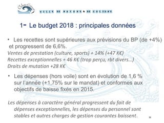 30
1- Le budget 2018 : principales données
• Les recettes sont supérieures aux prévisions du BP (de +4%)
et progressent de 6,6%.
Ventes de prestation (culture, sports) + 14% (+47 K€)
Recettes exceptionnelles + 46 K€ (trop perçu, rbt divers…)
Droits de mutation +28 K€
• Les dépenses (hors voile) sont en évolution de 1,6 %
sur l’année (+1,75% sur le mandat) et conformes aux
objectifs de baisse fixés en 2015.
Les dépenses à caractère général progressent du fait de
dépenses exceptionnelles, les dépenses du personnel sont
stables et autres charges de gestion courantes baissent.
 