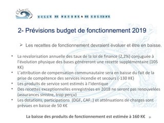 31
2- Prévisions budget de fonctionnement 2019
 Les recettes de fonctionnement devraient évoluer et être en baisse.
• La revalorisation annuelle des taux de la loi de finance (2,2%) conjuguée à
l’évolution physique des bases généreront une recette supplémentaire (105
K€)
• L’attribution de compensation communautaire sera en baisse du fait de la
prise de compétence des services incendie et secours (-130 K€)
• Les produits de service sont estimés à l’identique
• Des recettes exceptionnelles enregistrées en 2018 ne seront pas renouvelées
(assurances sinistre, trop perçu)
• Les dotations, participations (DGF, CAF..) et atténuations de charges sont
prévues en baisse de 50 K€
La baisse des produits de fonctionnement est estimée à 160 K€
 