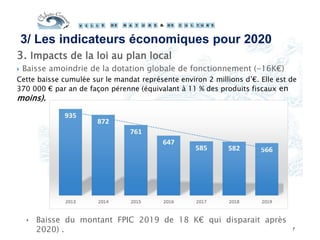 7
3. Impacts de la loi au plan local
 Baisse amoindrie de la dotation globale de fonctionnement (-16K€)
Cette baisse cumulée sur le mandat représente environ 2 millions d’€. Elle est de
370 000 € par an de façon pérenne (équivalant à 11 % des produits fiscaux en
moins).
3/ Les indicateurs économiques pour 2020
‣ Baisse du montant FPIC 2019 de 18 K€ qui disparait après
2020) .
 