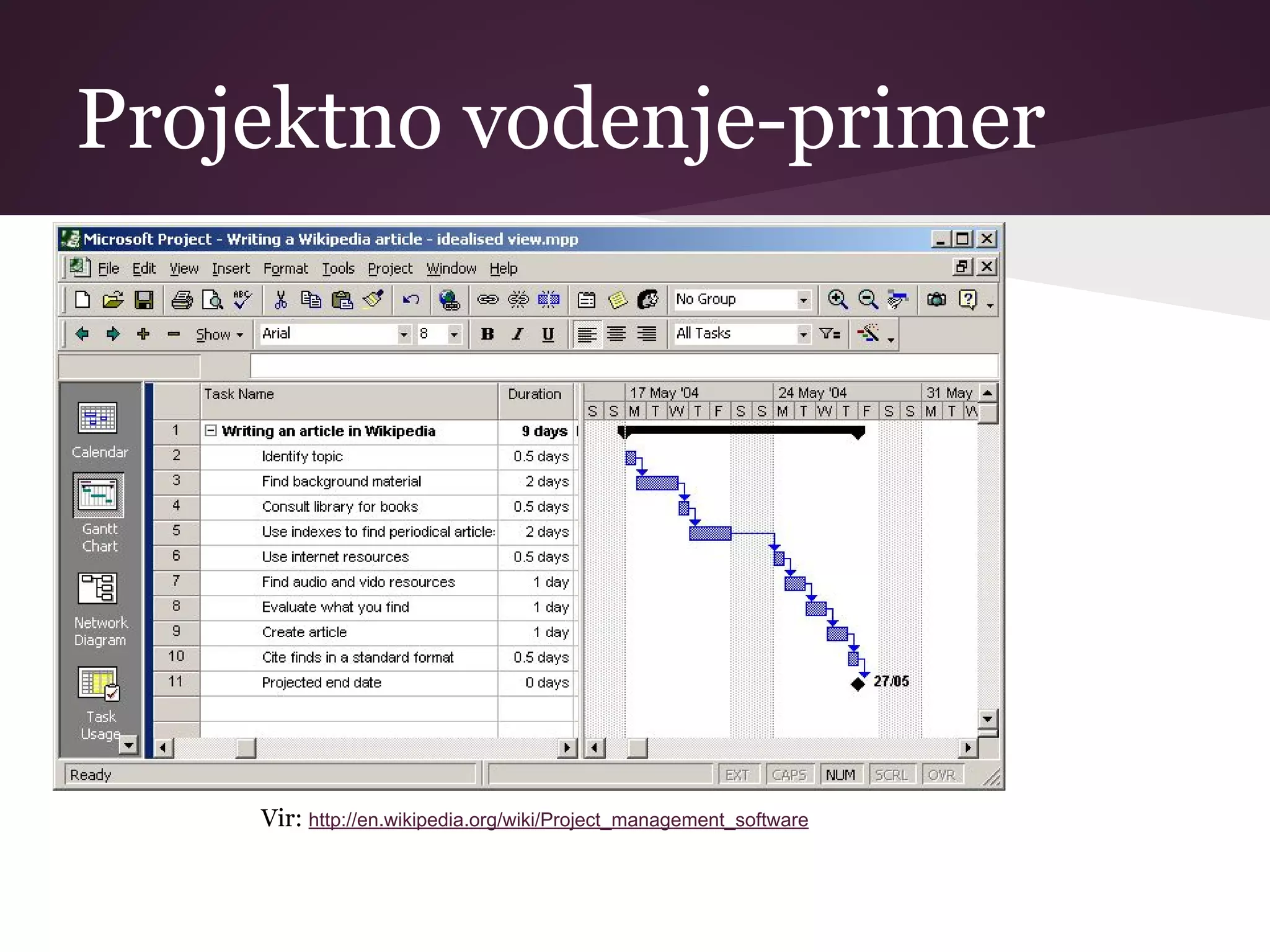 Projektno vodenje-primer
Vir: http://en.wikipedia.org/wiki/Project_management_software
 
