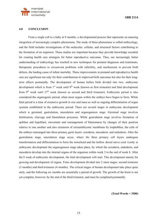 SBB 2114
15
4.0 CONCLUSION
From a single cell to a baby in 9 months; a developmental process that represents an amazing
integration of increasingly complex phenomena. The study of these phenomena is called embryology,
and the field includes investigations of the molecular, cellular, and structural factors contributing to
the formation of an organism. These studies are important because they provide knowledge essential
for creating health care strategies for better reproductive outcomes. Thus, our increasingly better
understanding of embryology has resulted in new techniques for prenatal diagnoses and treatments,
therapeutic procedures to circumvent problems with infertility, and mechanisms to prevent birth
defects, the leading cause of infant mortality. These improvements in prenatal and reproductive health
care are significant not only for their contributions to improved birth outcomes but also for their long-
term effects postnatally. The development of human before birth divided into two: embryonic
development which is from 1st
week until 8th
week (known as first trimester) and fetal development
from 9th
week until 37th
week (known as second and third trimester). Embryonic period is also
considered the organogenic period, when most organs within the embryo have begun to form. While
fetal period is a time of extensive growth in size and mass as well as ongoing differentiation of organ
systems established in the embryonic period. There are several stages in embryonic development
which is germinal, gastrulation, neurulation and organogenesis stage. Germinal stage involves
fertilization, cleavage and blastulation processes. While gastrulation stage involves formation of
epiblast and hypoblast, movement and rearangement of blastomeres by changes of their position
relative to one another and also extension of extraembryonic membrane by trophoblast, the cells of
the embryo rearranged into three primary germ layers: ectoderm, mesoderm, and endoderm. After the
gastrulation stage, neurulation stage occur, where the three primary cell layers undergoes
transformation and differentiation to form the notochord and the hollow dorsal nerve cord. Lastly in
embryonic development the organogenesis stage takes place, by which the ectoderm, endoderm, and
mesoderm develop into the internal organs of the organism within week 3 to the end of week 8. After
the 8 week of embryonic development, the fetal development will start. This development mainly for
growing and development of organs. Fetus development divided into 2 main stages: second trimester
(3 months) and third trimester (4 months). The critical stages of human development take place quite
early, and the following six months are essentially a period of growth. The growth of the brain is not
yet complete, however, by the end of the third trimester, and must be completed postnatally.
(Total Words = 3500)
 