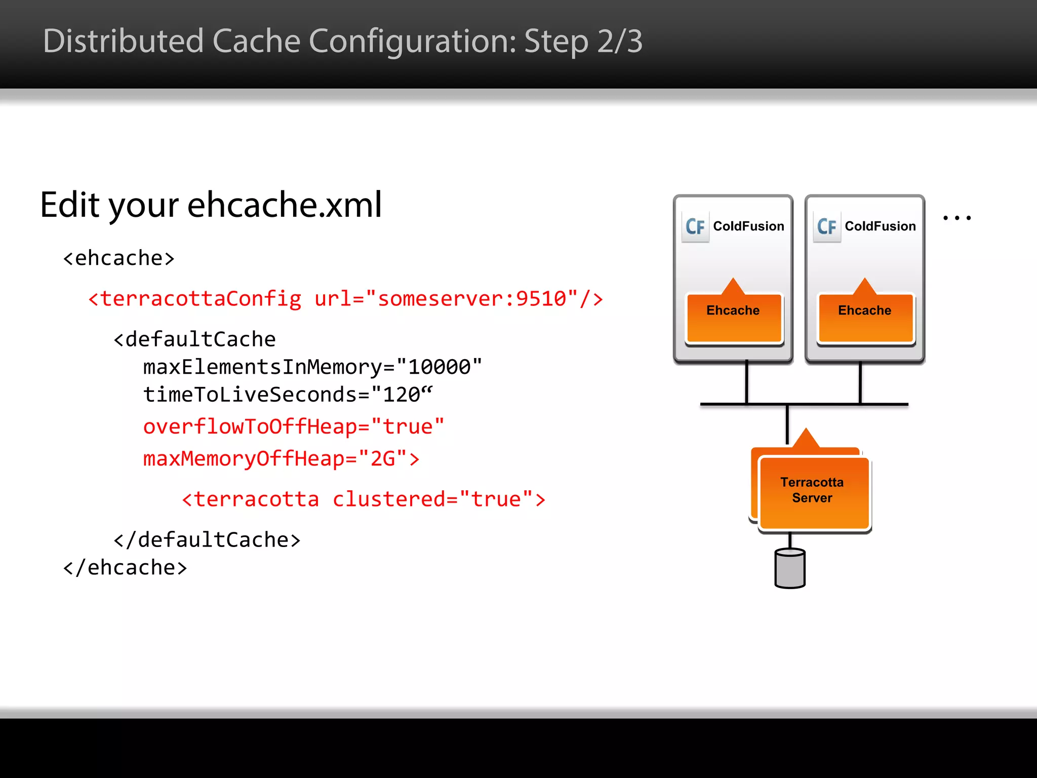 Edit your ehcache.xml
<ehcache>
<terracottaConfig url="someserver:9510"/>
<defaultCache
maxElementsInMemory="10000"
timeToLiveSeconds="120“
overflowToOffHeap="true"
maxMemoryOffHeap="2G">
<terracotta clustered="true">
</defaultCache>
</ehcache>
Ehcache
Terracotta
Server
ColdFusion
Ehcache
ColdFusion
…
Distributed Cache Configuration: Step 2/3
 