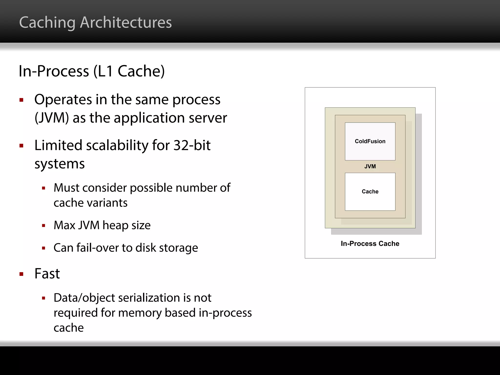 Caching Architectures
In-Process (L1 Cache)
 Operates in the same process
(JVM) as the application server
 Limited scalability for 32-bit
systems
 Must consider possible number of
cache variants
 Max JVM heap size
 Can fail-over to disk storage
 Fast
 Data/object serialization is not
required for memory based in-process
cache
JVM
ColdFusion
Cache
In-Process Cache
 