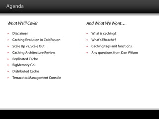 Agenda
What We’ll Cover And What We Wont…
 What is caching?
 What’s Ehcache?
 Caching tags and functions
 Any questions from Dan Wilson
 Disclaimer
 Caching Evolution in ColdFusion
 Scale Up vs. Scale Out
 Caching Architecture Review
 Replicated Cache
 BigMemory Go
 Distributed Cache
 Terracotta Management Console
 