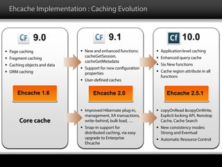 Ehcache Implementation : Caching Evolution
Core cache
Ehcache 1.6
9.0
 Page caching
 Fragment caching
 Caching objects and data
 ORM caching
 Improved Hibernate plug-in,
management, XA transactions,
write-behind, bulk load, …
 Snap-in support for
distributed caching, via easy
upgrade to Enterprise
Ehcache
Ehcache 2.0
9.1
 New and enhanced functions:
cacheGetSession,
cacheGetMetadata
 Support for new configuration
properties
 User-defined caches
 copyOnRead &copyOnWrite,
Explicit locking API, Nonstop
Cache, Cache Search
 New consistency modes:
Strong and Eventual
 Automatic Resource Control
Ehcache 2.5.1
10.0
 Application level caching
 Enhanced query cache
 Six New functions
 Cache region attribute in all
functions
 