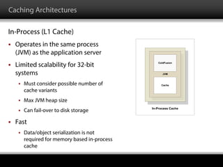 Caching Architectures
In-Process (L1 Cache)
 Operates in the same process
(JVM) as the application server
 Limited scalability for 32-bit
systems
 Must consider possible number of
cache variants
 Max JVM heap size
 Can fail-over to disk storage
 Fast
 Data/object serialization is not
required for memory based in-process
cache
JVM
ColdFusion
Cache
In-Process Cache
 