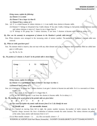 WISDOM ACADEMY 13
                                                                                                                 Kalibari bazaar,Arunachal


          Giving reason, explain the following:
          (a) Element A is a metal.
          (b) Element C has a larger size than B.
        (c) Element B has a valency of 3.
   Ans. (a) ‘A’ is a metal because its valence electrons is 1, it can readily loose electron to became stable.
          (b) Element ‘C’ belongs to 3rd period it has 3 shells whereas ‘B’ has only 2 shells, it belongs to 2nd period, distance between nucleus
               and valence electrons is more in C, hence its size is bigger than B.
          (c) ‘B’ belongs to III group, has 3 valence electrons, it can loose 3 electrons to become stable hence its valency is 3

 Q.. How was the anomaly in arrangement of elements in the Mendeleev’s periodic table removed?
   Ans. When elements were arranged in the increasing order of atomic number. The anomalies of Mendeleev’s periodic table were
        removed.
 Q.. What are noble gases/inert gases?
   Ans. The element which is inactive, does not react with any other element and it has its outermost shell completely filled are called inert
        gases or noble gases.
          e.g., He, Ne, Ar, Xe.

Q.. The position of 3 elements A, B and C in the periodic table is shown below:



                 Group                  I          VI         VII Period
                     
                     1                  B
                     2                                         A
                     3                              C

          Giving reasons, explain the following:
          (a) Element A is a non-metal.(b) Atom of element C has larger size than A.
          (c)Element B has a valency of 1.
   Ans. (a) A belongs to 7th group, has 7 valence electron, it can gain 1 electron to become ion and stable. So it is a non-metal as it forms
             negative ion.
         (b) ‘C’ has 3 shells ‘A’ has 2 shells so C is bigger than A.
         (c) ‘B’ has one valence electron, it can loose this electron to become stable. So its valency is 1.
   Q.. The elements of the second period of the periodic table are given below:
            Li     Be       B       C           N          O       F
          (a) Give reason to explain why atomic radii decreases from Li to F. (b) Identify the most
              (i) Metallic and               (ii) non-metallic element.
   Ans. (a) In a period on moving from left to right, the atomic number increases, the number of shells remains the same, 9
             nuclear charge increases the force of attraction of electrons towards the centre increases. The valence electrons are pulled
             at the centre, hence atomic radii decreases from Li to F.
          (b) (i) Most metallic element = Li             (ii) Most non-metallic element = F.
          WISDOM ACADEMY,Kali bari Bazar,Arunachal, | SANDIP CHAKRABORTY,M:9577556400,9435899571
 
