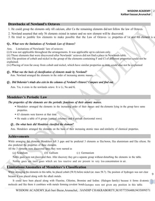 WISDOM ACADEMY 2
                                                                                                               Kalibari bazaar,Arunachal


 Drawbacks of Newland’s Octaves
 1. He could group the elements only till calcium, after Ca the remaining elements did not follow the law of Octaves.
 2. Newland assumed that only 56 elements existed in nature and no new element will be discovered.
 3. He tried to jumble few elements to make possible that the Law of Octaves i.e. properties of 1st and 8th element is sa

Q.. What were the limitations of Newlands Law of Octaves?
Ans. Limitations of Newlands’ law of octaves:
(i) It was not applicable throughout the arrangements. It was applicable up to calcium only.
(ii) Those elements that were discovered after Newlands’ octaves did not find a place in Newlands table.
(iii) The position of cobalt and nickel in the group of the elements containing F and Cl of different properties could not be
explained.
(iv) Placing of iron far away from cobalt and nickel, which have similar properties as iron, could also not be explained

Q.. What was the basis of classification of elements made by Newland?
   Ans. Newland arranged the elements in the order of increasing atomic masses.

Q.. Did Dobernier’s triads also exist in the columns of Newland’s Octaves? Compare and find out.
   Ans. Yes, it exists in the newlands octave. It is Li, Na and K.


Mendeleev’s Periodic Law
 The properties of the elements are the periodic functions of their atomic masses.
       • Mendeleev arranged the elements in the increasing order of their masses and the elements lying in the group have same
         properties.
       • 63 elements were known at that time.
       • He made a table of 8 groups (vertical columns) and 6 periods (horizontal rows).

   Q.. On what basis did Mendeleev classified the element?
   Ans. Mendeleev arranged the elements on the basis of their increasing atomic mass and similarity of chemical properties.

 Achievements
 While arranging the elements Mendeleev left 3 gaps and he predicted 3 elements as Eka boron, Eka aluminium and Eka silicon. He
 also predicted the properties of these elements.
 All the 3 elements were discovered later; they were named as
     (a) Scandium                    (b) Gallium                    (c) Germanium
      Noble gases were not discovered then. After discovery they got a separate group without disturbing the elements in the table.
     Nobles gases are inert gases which are less reactive and are present in very less concentration in air.

Limitations/Anomalies of Mendeleev’s Classification
 While arranging the elements in this table, he placed cobalt (58.9) before nickel (at. mass 58.7). The position of hydrogen was not clear
                                                                                                                                             9
 because it was placed along with the alkali metals.
     It could have been placed along with Fluorine, Chlorine, Bromine and Iodine. (Halogen family) because it forms di-atomic
 molecule and like them it combines with metals forming covalent bonds.Isotopes were not given any position in this table.

        WISDOM ACADEMY,Kali bari Bazar,Arunachal, | SANDIP CHAKRABORTY,M:9577556400,9435899571
 