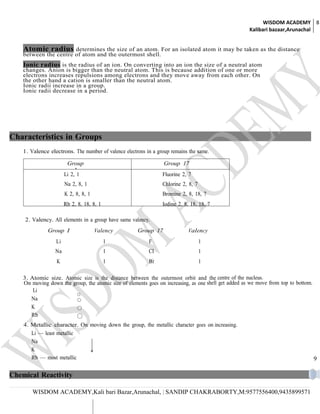 WISDOM ACADEMY 8
                                                                                                       Kalibari bazaar,Arunachal


    Atomic radius      determines the size of an atom. For an isolated atom it may be taken as the distance
    between the centre of atom and the outermost shell.
    Ionic radius is the radius of an ion. On converting into an ion the size of a neutral atom
    changes. Anion is bigger than the neutral atom. This is because addition of one or more
    electrons increases repulsions among electrons and they move away from each other. On
    the other hand a cation is smaller than the neutral atom.
    Ionic radii increase in a group.
    Ionic radii decrease in a period.




Characteristics in Groups
    1. Valence electrons. The number of valence electrons in a group remains the same.

                        Group                                     Group 17
                            I
                       Li 2, 1                                   Fluorine 2, 7
                       Na 2, 8, 1                                Chlorine 2, 8, 7
                       K 2, 8, 8, 1                              Bromine 2, 8, 18, 7
                       Rb 2, 8, 18, 8, 1                         Iodine 2, 8, 18, 18, 7

    2. Valency. All elements in a group have same valency.
              Group I                 Valency         Group 17              Valency
                  Li                       1               F                        1
                  Na                       1               Cl                       1
                  K                        1               Br                       1

    3. Atomic size. Atomic size is the distance between the outermost orbit and the centre of the nucleus.
    On moving down the group, the atomic size of elements goes on increasing, as one shell get added as we move from top to bottom.
        Li
       Na
       K
       Rb
    4. Metallic character. On moving down the group, the metallic character goes on increasing.
       Li — least metallic
       Na
       K
       Rb — most metallic                                                                                                             9

Chemical Reactivity

        WISDOM ACADEMY,Kali bari Bazar,Arunachal, | SANDIP CHAKRABORTY,M:9577556400,9435899571
 
