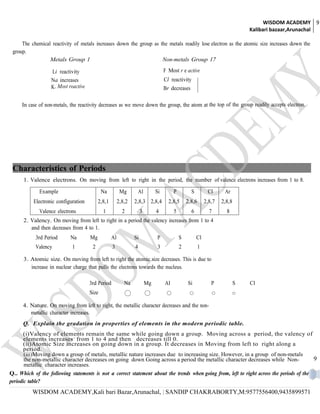 WISDOM ACADEMY 9
                                                                                                                                Kalibari bazaar,Arunachal

     The chemical reactivity of metals increases down the group as the metals readily lose electron as the atomic size increases down the
 group.
                 Metals Group 1                                     Non-metals Group 17

                   Li reactivity                                                   F Most r e active
                   Na increases                                                    Cl reactivity
                   K. Most reactive                                                Br decreases

     In case of non-metals, the reactivity decreases as we move down the group, the atom at the top of the group readily accepts electron.




 Characteristics of Periods
      1. Valence electrons. On moving from left to right in the period, the number of valence electrons increases from 1 to 8.

             Example                         Na          Mg         Al        Si        P          S         Cl      Ar
          Electronic configuration         2,8,1        2,8,2   2,8,3 2,8,4          2,8,5      2,8,6       2,8,7   2,8,8
             Valence electrons               1            2          3        4         5          6          7       8
      2. Valency. On moving from left to right in a period the valency increases from 1 to 4
         and then decreases from 4 to 1.
           3rd Period       Na        Mg           Al           Si             P            S          Cl
           Valency           1         2           3            4              3            2           1

      3. Atomic size. On moving from left to right the atomic size decreases. This is due to
         increase in nuclear charge that pulls the electrons towards the nucleus.

                                      3rd Period           Na            Mg        Al           Si             P            S   Cl
                                      Size

      4. Nature. On moving from left to right, the metallic character decreases and the non-
         metallic character increases.
      Q. Explain the gradation in properties of elements in the modern periodic table.
       (i)Valency of elements remain the same while going down a group. Moving across a period, the valency of
       elements increases from 1 to 4 and then decreases till 0.
       (ii)Atomic Size increases on going down in a group. It decreases in Moving from left to right along a
       period.
       (iii)Moving down a group of metals, metallic nature increases due to increasing size. However, in a group of non-metals
       the non-metallic character decreases on going down Going across a period the metallic character decreases while Non-                9
       metallic character increases.
Q.. Which of the following statements is not a correct statement about the trends when going from, left to right across the periods of the
periodic table?
          WISDOM ACADEMY,Kali bari Bazar,Arunachal, | SANDIP CHAKRABORTY,M:9577556400,9435899571
 