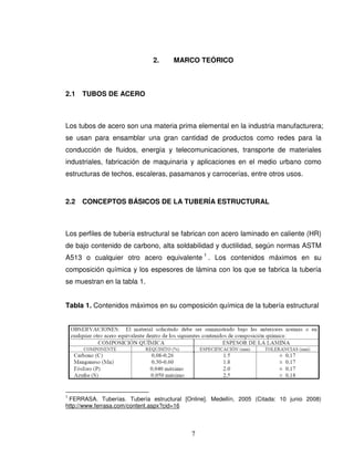 7
2. MARCO TEÓRICO
2.1 TUBOS DE ACERO
Los tubos de acero son una materia prima elemental en la industria manufacturera;
se usan para ensamblar una gran cantidad de productos como redes para la
conducción de fluidos, energía y telecomunicaciones, transporte de materiales
industriales, fabricación de maquinaria y aplicaciones en el medio urbano como
estructuras de techos, escaleras, pasamanos y carrocerías, entre otros usos.
2.2 CONCEPTOS BÁSICOS DE LA TUBERÍA ESTRUCTURAL
Los perfiles de tubería estructural se fabrican con acero laminado en caliente (HR)
de bajo contenido de carbono, alta soldabilidad y ductilidad, según normas ASTM
A513 o cualquier otro acero equivalente 1
. Los contenidos máximos en su
composición química y los espesores de lámina con los que se fabrica la tubería
se muestran en la tabla 1.
Tabla 1. Contenidos máximos en su composición química de la tubería estructural
1
FERRASA. Tuberías. Tubería estructural [Online]. Medellín, 2005 (Citada: 10 junio 2008)
http://www.ferrasa.com/content.aspx?cid=16
 