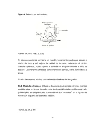 16
Figura 4. Doblado por estiramiento
Fuente: (DOYLE, 1980, p. 339)
En algunas ocasiones se inserta un mandril, herramienta usada para apoyar el
interior del tubo y así mejorar la calidad de la curva, reduciendo al mínimo
cualquier aplanado, y para ayudar a controlar el arrugado durante el ciclo de
doblado. Los mandriles utilizados comúnmente son esferas, cable, laminadoras o
arena.
El radio de curvatura máximo utilizando este método es de 180 grados.
2.6.2 Doblado a tracción. El tubo se tracciona desde ambos extremos mientras
se dobla sobre un bloque formador, esta técnica está limitada a dobleces de radio
grandes pero es apropiado para curvas que no son circulares5
. En la figura 5 se
muestra un esquema del doblado a tracción.
5
DOYLE, Op. Cit., p. 338
 
