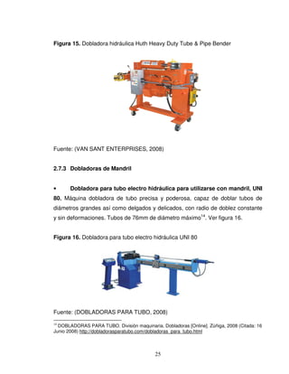 25
Figura 15. Dobladora hidráulica Huth Heavy Duty Tube & Pipe Bender
Fuente: (VAN SANT ENTERPRISES, 2008)
2.7.3 Dobladoras de Mandril
• Dobladora para tubo electro hidráulica para utilizarse con mandril, UNI
80. Máquina dobladora de tubo precisa y poderosa, capaz de doblar tubos de
diámetros grandes así como delgados y delicados, con radio de doblez constante
y sin deformaciones. Tubos de 76mm de diámetro máximo14
. Ver figura 16.
Figura 16. Dobladora para tubo electro hidráulica UNI 80
Fuente: (DOBLADORAS PARA TUBO, 2008)
14
DOBLADORAS PARA TUBO. División maquinaria. Dobladoras [Online]. Zúñiga, 2008 (Citada: 16
Junio 2008) http://dobladorasparatubo.com/dobladoras_para_tubo.html
 