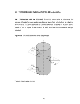 34
3.4 VERIFICACIÓN DE ALGUNAS PARTES DE LA MÁQUINA
3.4.1 Verificación del eje principal. Tomando como base el diagrama de
fuerzas del dado formador podemos observar que el eje principal de la máquina
dobladora se encuentra sometido a fuerzas cortantes, tal como se muestra en la
figura 25. En la figura 26 se muestra el área de la sección transversal del eje
principal.
Figura 25. Esfuerzos cortantes en el eje principal
Fuente: (Elaboración propia)
FDx
FDy
FBy
FR
FBx
FDy/2
FBy/2
FBx/2
FDx/2
FR/2
FDy/2
FBy/2
FBx/2
FDx/2
FR/2
 