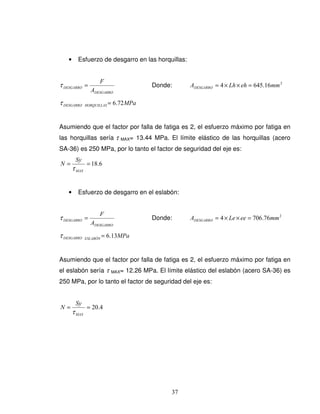 37
• Esfuerzo de desgarro en las horquillas:
DESGARRO
DESGARRO
A
F
=τ Donde: 2
16.6454 mmehLhADESGARRO =××=
MPaHORQUILLASDESGARRO 72.6=τ
Asumiendo que el factor por falla de fatiga es 2, el esfuerzo máximo por fatiga en
las horquillas sería τ MAX= 13.44 MPa. El límite elástico de las horquillas (acero
SA-36) es 250 MPa, por lo tanto el factor de seguridad del eje es:
6.18==
MAX
Sy
N
τ
• Esfuerzo de desgarro en el eslabón:
DESGARRO
DESGARRO
A
F
=τ Donde: 2
76.7064 mmeeLeADESGARRO =××=
MPaESLABÓNDESGARRO 13.6=τ
Asumiendo que el factor por falla de fatiga es 2, el esfuerzo máximo por fatiga en
el eslabón sería τ MAX= 12.26 MPa. El límite elástico del eslabón (acero SA-36) es
250 MPa, por lo tanto el factor de seguridad del eje es:
4.20==
MAX
Sy
N
τ
 