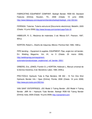 59
FABRICATING EQUIPMENT COMPANY. Baileigh Bender: RDB-100. Standard
Features [Online]. Houston, TX., 2008 (Citada: 10 junio 2008)
http://www.fabequip.com/equipment/benders/bailiegh/baileigh_rmd-100.htm
FERRASA. Tuberías. Tubería estructural [Documento electrónico]. Medellín, 2005
(Citada: 10 junio 2008) http://www.ferrasa.com/content.aspx?cid=16
HIBBELER, R. C., Mecánica de materiales. 3 ed. México D.F.: Pearson, 1997,
854 p.
NORTON, Robert L., Diseño de máquinas, México: Prentice Hall, 1999, 1080 p.
PIPE bending -- Equipment & supplies. EQUIPMENT: Pipe, angle-iron roll bender.
En: Welding Magazine. Vol. 81, no 5 (Citada: 25 marzo 2008).
http://weldingmag.com/equipment-
automation/products/pipe_angleironed_roll_bender_0501/
ORBERG, Eric, JONES, Franklin D. y HORTON, Holbrook L, Manual universal de
la técnica mecánica, 2 ed. Barcelona: Labor, 1984. 2446 p.
PRO-TOOLS. Hydraulic Tube & Pipe Benders. HB 302 - 15 Ton One Shot
Hydraulic Bender Info / Spec [Online]. Florida, 2008 (Citada: 16 junio 2008)
http://www.pro-tools.com/302.htm
VAN SANT ENTERPRISES. JD2 Model 3 Tubing Bender. JD2 Model 4 Tubing
Bender. JMR Air / Hydraulic Tube Bender. Baileigh RDB-150 Tubing Bender
[Online]. Iowa, 2008 (Citada: 16 junio 2008) http://vansantent.com
 