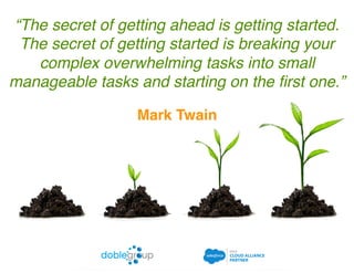 “The secret of getting ahead is getting started.
The secret of getting started is breaking your
complex overwhelming tasks into small
manageable tasks and starting on the first one.”
Mark Twain
 