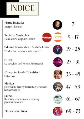 ÍNDICE
Eduard Fernández + Andrés Lima
Firma Invitada
Juanjo Llorens
7
Teatro / Musicales
Lo nuestro es puro teatro 9 - 17
"Todas las canciones de amor"
Música
19 - 25
27 - 31
33 - 45
D TUP
La sección de Mentxu Arizmendi
47 - 59
Libros
Reseñas, concursos, cursos y
presentaciones
61 - 67
Entrevista Jimmy Barnatán y nuevos
lanzamientos
69 - 73
Planes con niños
Estrenos
Cine y Series de Televisión
 