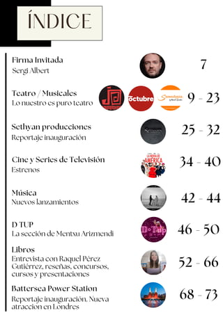 ÍNDICE
Sethyan producciones
Teatro / Musicales
Lo nuestro es puro teatro
Firma Invitada
Sergi Albert
7
9 - 23
Reportaje inauguración
Música
25 - 32
34 - 40
42 - 44
Libros
Entrevista con Raquel Pérez
Gutiérrez, reseñas, concursos,
cursos y presentaciones
52 - 66
Nuevos lanzamientos
68 - 73
Estrenos
Cine y Series de Televisión
46 - 50
D TUP
La sección de Mentxu Arizmendi
Battersea Power Station
Reportaje inauguración. Nueva
atraccion en Londres
 
