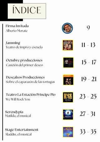 ÍNDICE
Octubre producciones
Jamming
Teatro de impro y escuela
Firma Invitada
Alberto Morate
9
11 - 13
Canción del primer deseo
Serendypia
15 - 17
19 - 21
23 - 25
Stage Entertainment
Aladdin, el musical
33 - 35
Matilda, el musical
Sobre el caparazón de las tortugas
Descalzos Producciones
27 - 31
Teatro La Estación Principe Pio
We Will Rock You
 