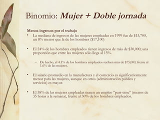 Binomio: Mujer + Doble jornada
Menos ingresos por el trabajo
• La mediana de ingresos de las mujeres empleadas en 1999 fue de $15,700,
  un 8% menor que la de los hombres ($17,100)

•   El 24% de los hombres empleados tienen ingresos de más de $30,000, una
    proporción que entre las mujeres sólo llega al 15%.

     – De hecho, el 4.1% de los hombres empleados reciben más de $75,000, frente al
       1.6% de las mujeres.

•   El salario promedio en la manufactura y el comercio es significativamente
    menor para las mujeres, aunque en otros (administración pública y
    servicios) es mayor.

•   El 38% de las mujeres empleadas tienen un empleo “part-time” (menos de
    35 horas a la semana), frente al 30% de los hombres empleados.
 