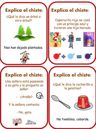 Mercedes Lancharro

Explica el chiste:
¿Qué le dice un árbol a
otro árbol?

Mercedes Lancharro

Explica el chiste:
Caperucita roja se casó
con un príncipe azul y
tuvieron una hija morada.

Nos han dejado plantados.

Mercedes Lancharro

Mercedes Lancharro

Explica el chiste:

Explica el chiste:

Una señora está paseando
a su gato y le pregunta un
señor:

¿Qué le dice la cucharilla a
la gelatina?

- ¿Araña?
Y la señora contesta:
- No, gato.
No tiembles, cobarde.

 