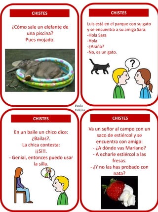 CHISTES

CHISTES

Luis está en el parque con su gato
y se encuentra a su amiga Sara:
-Hola Sara
-Hola
-¿Araña?
-No, es un gato.

¿Cómo sale un elefante de
una piscina?
Pues mojado.

Paula
Villena

CHISTES

En un baile un chico dice:
¿Bailas?.
La chica contesta:
¡¡Sí!!.
- Genial, entonces puedo usar
la silla.

CHISTES

Va un señor al campo con un
saco de estiércol y se
encuentra con amigo:
- ¿A dónde vas Mariano?
- A echarle estiércol a las
fresas.
- ¿Y no las has probado con
nata?

 