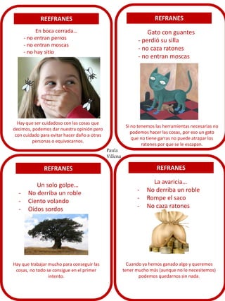 REFRANES

REEFRANES
En boca cerrada…
- no entran perros
- no entran moscas
- no hay sitio

Gato con guantes
- perdió su silla
- no caza ratones
- no entran moscas

Hay que ser cuidadoso con las cosas que
decimos, podemos dar nuestra opinión pero
con cuidado para evitar hacer daño a otras
personas o equivocarnos.
Paula
Villena

Si no tenemos las herramientas necesarias no
podemos hacer las cosas, por eso un gato
que no tiene garras no puede atrapar los
ratones por que se le escapan.

REFRANES

REFRANES

-

Un solo golpe…
No derriba un roble
Ciento volando
Oídos sordos

Hay que trabajar mucho para conseguir las
cosas, no todo se consigue en el primer
intento.

-

La avaricia…
No derriba un roble
Rompe el saco
No caza ratones

Cuando ya hemos ganado algo y queremos
tener mucho más (aunque no lo necesitemos)
podemos quedarnos sin nada.

 