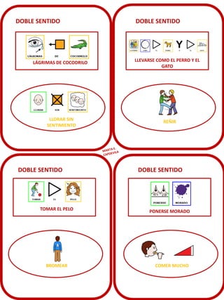 DOBLE SENTIDO
LÁGRIMAS DE COCODRILO
LLORAR SIN
SENTIMIENTO
DOBLE SENTIDO
LLEVARSE COMO EL PERRO Y EL
GATO
REÑIR
DOBLE SENTIDO
TOMAR EL PELO
BROMEAR
DOBLE SENTIDO
PONERSE MORADO
COMER MUCHO
 
