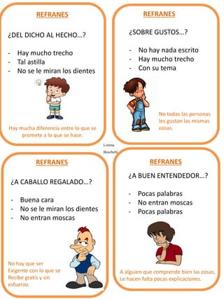 Hay mucha diferencia entre lo que se
promete a lo que se hace.
REFRANES REFRANES
REFRANES REFRANES
¿SOBRE GUSTOS…?
- No hay nada escrito
- Hay mucho trecho
- Con su tema
¿DEL DICHO AL HECHO…?
- Hay mucho trecho
- Tal astilla
- No se le miran los dientes
¿A CABALLO REGALADO…?
- Buena cara
- No se le miran los dientes
- No entran moscas
¿A BUEN ENTENDEDOR…?
- Pocas palabras
- No entran moscas
- Pocas palabras
No todas las personas
les gustan las mismas
cosas.
No hay que ser
Exigente con lo que se
Recibe gratis y sin
esfuerzo.
A alguien que comprende bien las cosas,
Le hacen falta pocas explicaciones.
Lorena
Boschetti
 