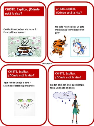 Qué le dice el azúcar a la leche ?.
En el café nos vemos.
CHISTE. Explica,
¿Dónde está la risa?
CHISTE. Explica,
¿Dónde está la risa?
CHISTE. Explica, ¿Dónde
está la risa?
CHISTE. Explica,
¿Dónde está la risa?
Qué le dice un ojo a otro ?
Estamos separados por narices.
No es lo mismo decir un gato
montés que te montes en un
gato
Era tan alto, tan alto, que siempre
tenía una nube en el ojo.
María Román
 