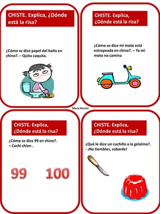 ¿Cómo se dice papel del baño en
chino?. – Quita caquita.
CHISTE. Explica,
¿Dónde está la risa?
CHISTE. Explica,
¿Dónde está la risa?
CHISTE. Explica, ¿Dónde
está la risa?
CHISTE. Explica,
¿Dónde está la risa?
¿Cómo se dice 99 en chino?.
– Cachi chien .
¿Cómo se dice mi moto está
estropeada en chino?. – Ya mi
moto no camina
¿Qué le dice un cuchillo a la gelatina?.
- ¡No tiembles, cobarde!
María Román
 