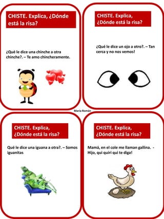 ¿Qué le dice una chinche a otra
chinche?. – Te amo chincheramente.
CHISTE. Explica,
¿Dónde está la risa?
CHISTE. Explica,
¿Dónde está la risa?
CHISTE. Explica, ¿Dónde
está la risa?
CHISTE. Explica,
¿Dónde está la risa?
Qué le dice una iguana a otra?. – Somos
iguanitas
¿Qué le dice un ojo a otro?. – Tan
cerca y no nos vemos!
Mamá, en el cole me llaman gallina. -
Hijo, qui quiri qui te diga!
María Román
 