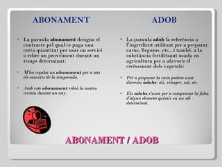 ABONAMENT / ADOB ABONAMENT La paraula  abonament  designa el contracte pel qual es paga una certa quantitat per usar un servici o rebre un proveïment durant un temps determinat: M'ha regalat un  abonament  per a tots els concerts de la temporada. Amb este  abonament  rebrà la nostra revista durant un any. ADOB La paraula  adob  fa referència a l’ingredient utilitzat per a preparar carns, llegums, etc., i també, a la substància fertilitzant usada en agricultura per a afavorir el creixement dels vegetals: Per a preparar la carn podem usar diversos  adobs : oli, vinagre, sal, etc. Els  adobs  s'usen per a compensar la falta d'algun element químic en un sòl determinat. 