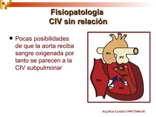 Fisiopatología
                CIV sin relación

   Pocas posibilidades
    de que la aorta reciba
    sangre oxigenada por
    tanto se parecen a la
    CIV subpulmonar




                              Arq Bras Cardiol 1999;73446-50
 