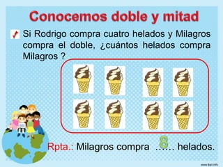 Si Rodrigo compra cuatro helados y Milagros
compra el doble, ¿cuántos helados compra
Milagros ?
Rpta.: Milagros compra …… helados.
 