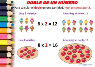 DOBLE DE UN NÚMERO
Para calcular el doble de una cantidad, multiplicamos por 2.
Hay 6 helados

Ahora hay el doble, 12

6 x 2 = 12
Hay 8 tomates

Ahora hay el doble, 16

8 x 2 = 16

Edgar David TORRES SAAVEDRA
DOCENTE A.I.P.

 