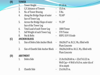 (B) TOWER
1. Tower Height - 57.10 m.
2. C/C distance of Towers - 15.0 m.
3. No. of Tower Bracing - 5 No.
4. Along the Bridge Slope of outer
face of Tower Leg
- 92.600
5. Across the Bridge Slope of outer
face of the Tower Leg
- 91.200
6. Total Load of each Tower Leg - 1800 Tonne
7. Self Weight of each Tower Leg - 570 Tonne
8. Nut & Bolts - HSFG 10.9 S Grade
(C) ANCHOR BLOCK
1. Size of Dobra Side Anchor Block - 18x20x37 m. R.C.C. M35 filled with
Plum Concrete
2. Size of Chanthi Side Anchor Block - 18x20x24.80 m. R.C.C. M35 filled with
Plum Concrete
(D) ABUTMENT
1. Dobra Side - 21.0x10x28.60 m. + 22x17x3.22 m.
Well Cap + 4 Well of 6.0 m. outer dia of
18 m depth
2. Chanthi Side - 21x10x35 m.
 