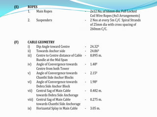 (E) ROPES
1. Main Ropes - 2x12 No. of 66mm dia, Full Locked
Coil Wire Ropes (4x3 Arrangements)
2. Suspenders - 2 Nos at every 5m C/C Spiral Strands
of 25mm dia with cross spacing of
260mm C/C.
(F) CABLE GEOMETRY
i) Dip Angle toward Centre - 24.320
ii) Towards Anchor side - 24.860
iii) Centre to Centre distance of Cable
Bundle at the Mid Span
- 8.895 m.
iv) Angle of Convergence towards
Centre from both Tower
- 1.480
v) Angle of Convergence towards
Chanthi Side Anchor Blocks
- 2.150
vi) Angle of Convergence towards
Dobra Side Anchor Block
- 1.980
vii) Central Sag of Main Cable
towards Dobra Side Anchorage
- 0.482 m.
viii) Central Sag of Main Cable
towards Chanthi Side Anchorage
- 0.275 m.
ix) Horizantal Splay in Main Cable - 3.05 m.
 