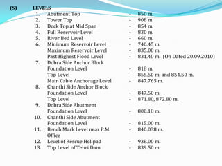 (S) LEVELS
1. Abutment Top - 850 m.
2. Tower Top - 908 m.
3. Deck Top at Mid Span - 854 m.
4. Full Reservoir Level - 830 m.
5. River Bed Level - 660 m.
6. Minimum Reservoir Level - 740.45 m.
Maximum Reservoir Level - 835.00 m.
Past Highest Flood Level - 831.40 m. (On Dated 20.09.2010)
7. Dobra Side Anchor Block
Foundation Level - 818 m.
Top Level - 855.50 m. and 854.50 m.
Main Cable Anchorage Level - 847.765 m.
8. Chanthi Side Anchor Block
Foundation Level - 847.50 m.
Top Level - 871.80, 872.80 m.
9. Dobra Side Abutment
Foundation Level - 800.18 m.
10. Chanthi Side Abutment
Foundation Level - 815.00 m.
11. Bench Mark Level near P.M.
Office
- 840.038 m.
12. Level of Rescue Helipad - 938.00 m.
13. Top Level of Tehri Dam - 839.50 m.
 