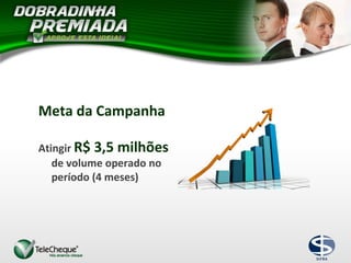 Meta da Campanha
Atingir R$ 3,5 milhões
de volume operado no
período (4 meses)
 