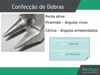Confecção de Dobras
9
Ponta ativa:
Piramidal - ângulos vivos
Cônica - ângulos arredondados
Pressão próximo ao alicate !
dobra angulada
Pressão mais afastada ! dobra
mais arredondada
 