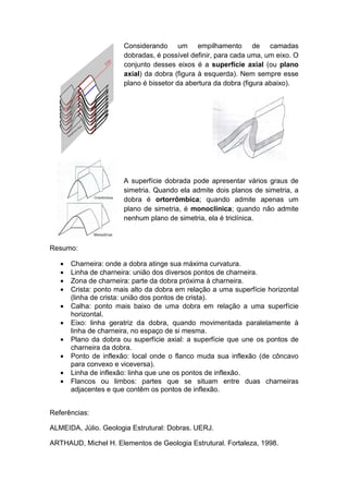 Considerando um empilhamento de camadas
dobradas, é possível definir, para cada uma, um eixo. O
conjunto desses eixos é a superfície axial (ou plano
axial) da dobra (figura à esquerda). Nem sempre esse
plano é bissetor da abertura da dobra (figura abaixo).
A superfície dobrada pode apresentar vários graus de
simetria. Quando ela admite dois planos de simetria, a
dobra é ortorrômbica; quando admite apenas um
plano de simetria, é monoclínica; quando não admite
nenhum plano de simetria, ela é triclínica.
Resumo:
• Charneira: onde a dobra atinge sua máxima curvatura.
• Linha de charneira: união dos diversos pontos de charneira.
• Zona de charneira: parte da dobra próxima à charneira.
• Crista: ponto mais alto da dobra em relação a uma superfície horizontal
(linha de crista: união dos pontos de crista).
• Calha: ponto mais baixo de uma dobra em relação a uma superfície
horizontal.
• Eixo: linha geratriz da dobra, quando movimentada paralelamente à
linha de charneira, no espaço de si mesma.
• Plano da dobra ou superfície axial: a superfície que une os pontos de
charneira da dobra.
• Ponto de inflexão: local onde o flanco muda sua inflexão (de côncavo
para convexo e viceversa).
• Linha de inflexão: linha que une os pontos de inflexão.
• Flancos ou limbos: partes que se situam entre duas charneiras
adjacentes e que contêm os pontos de inflexão.
Referências:
ALMEIDA, Júlio. Geologia Estrutural: Dobras. UERJ.
ARTHAUD, Michel H. Elementos de Geologia Estrutural. Fortaleza, 1998.
 