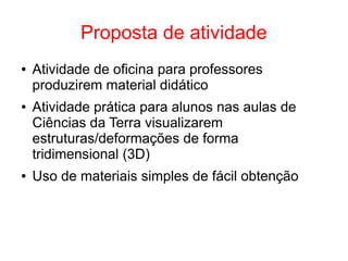 Proposta de atividade
● Atividade de oficina para professores
produzirem material didático
● Atividade prática para alunos nas aulas de
Ciências da Terra visualizarem
estruturas/deformações de forma
tridimensional (3D)
● Uso de materiais simples de fácil obtenção
 