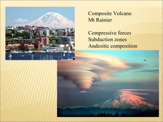 Composite Volcano
Mt Rainier

Compressive forces
Subduction zones
Andesitic composition
 