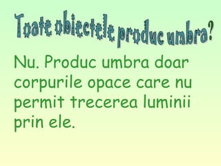 Nu. Produc umbra doar
corpurile opace care nu
permit trecerea luminii
prin ele.
 