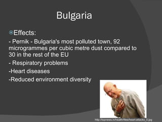 Bulgaria Effects:  - Pernik - Bulgaria's most polluted town, 92 microgrammes per cubic metre dust compared to 30 in the rest of the EU - Respiratory problems Heart diseases Reduced environment diversity http://topnews.in/health/files/heart-attacks_0.jpg 