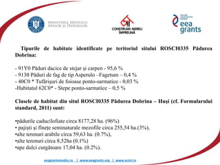 eeagrantsmediu.ro | www.eeagrants.org | www.acmi.ro
Tipurile de habitate identificate pe teritoriul sitului ROSCI0335 Pădurea
Dobrina:
- 91Y0 Păduri dacice de stejar şi carpen - 95,6 %
- 9130 Păduri de fag de tip Asperulo –Fagetum – 0,4 %
- 40C0 * Tufărişuri de foioase ponto-sarmatice - 0,03 %
-Habitatul 62C0* - Stepe ponto-sarmatice – 0,5 %
Clasele de habitat din situl ROSCI0335 Pădurea Dobrina – Huşi (cf. Formularului
standard, 2011) sunt:
•pădurile caducilofiate circa 8177,28 ha. (96%)
• pajiști și fînețe seminaturale mezofile circa 255,54 ha.(3%),
•alte terenuri arabile circa 59,63 ha. (0.7%),
•alte terenuri circa 8,52ha (0.1%)
•ape dulci curgătoare 17,04 ha. (0.2%).
 