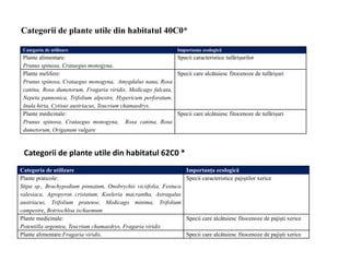 Categorii de plante utile din habitatul 40C0*
Categoria de utilizare Importanța ecologică
Plante alimentare:
Prunus spinosa, Crataegus monogyna.
Specii caracteristice tufărișurilor
Plante melifere:
Prunus spinosa, Crataegus monogyna, Amygdalus nana, Rosa
canina, Rosa dumetorum, Fragaria viridis, Medicago falcata,
Nepeta pannonica, Trifolium alpestre, Hypericum perforatum,
Inula hirta, Cytisus austriacus, Teucrium chamaedrys.
Specii care alcătuiesc fitocenoze de tufărișuri
Plante medicinale:
Prunus spinosa, Crataegus monogyna, Rosa canina, Rosa
dumetorum, Origanum vulgare
Specii care alcătuiesc fitocenoze de tufărișuri
Categoria de utilizare Importanța ecologică
Plante praticole:
Stipa sp., Brachypodium pinnatum, Onobrychis viciifolia, Festuca
valesiaca, Agropyron cristatum, Koeleria macrantha, Astragalus
austriacus, Trifolium pratense, Medicago minima, Trifolium
campestre, Botriochloa ischaemum
Specii caracteristice pajiștilor xerice
Plante medicinale:
Potentilla argentea, Teucrium chamaedrys, Fragaria viridis
Specii care alcătuiesc fitocenoze de pajiști xerice
Plante alimentare:Fragaria viridis. Specii care alcătuiesc fitocenoze de pajiști xerice
Categorii de plante utile din habitatul 62C0 *
 